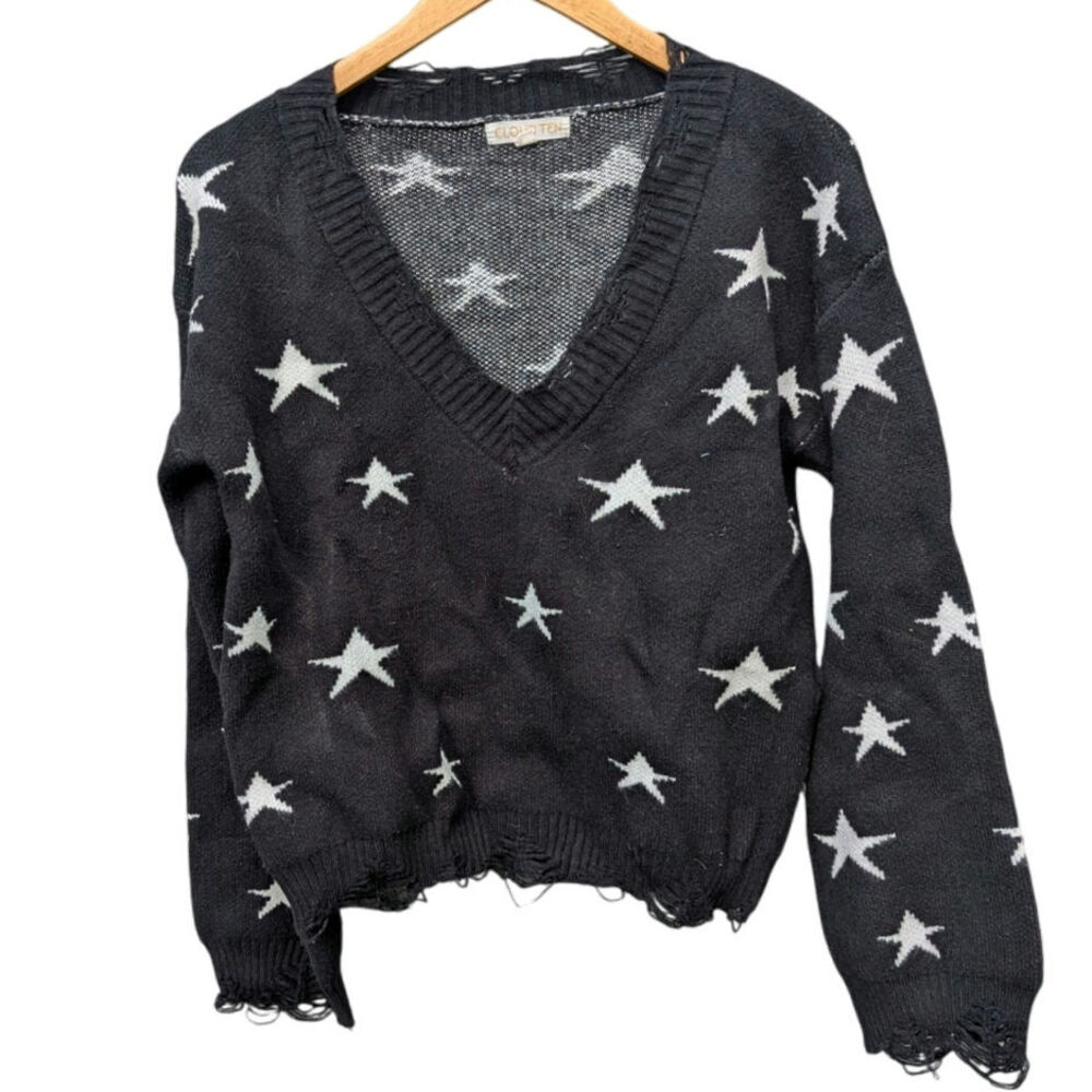 Distressed punk goth grunge v neck sweater black white stars size M Pull Over